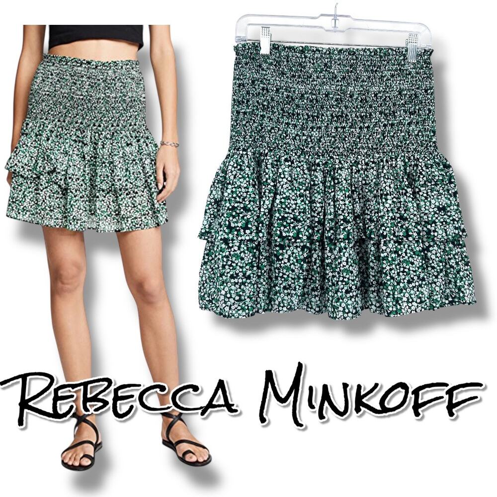 Rebecca Minkoff Amari Floral Smocked Mini Skirt Green White Tiered Size S Spring